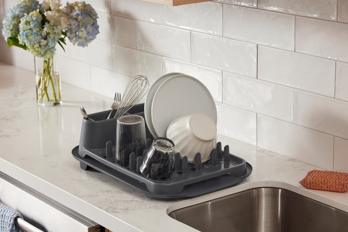 Rubbermaid® Antimicrobial Dish Drying Rack with Drainboard, Raven Grey, 2-Piece Set - US 53580