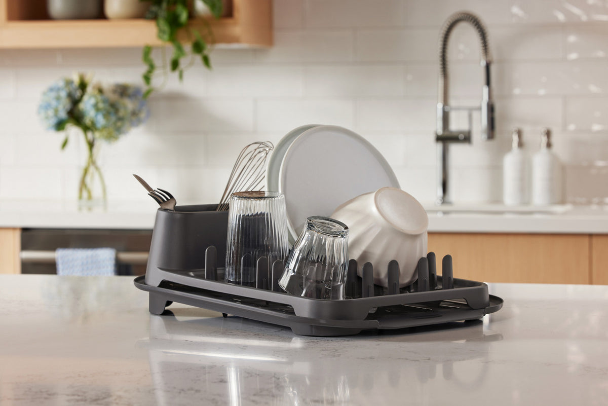 Rubbermaid® Antimicrobial Dish Drying Rack with Drainboard, Raven Grey, 2-Piece Set - US 53580